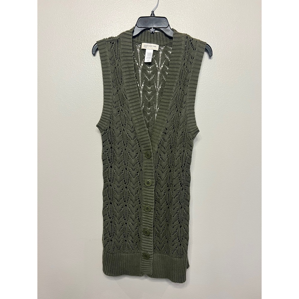 Jones NY Sport Olive Green Pointelle Knit Long Button Front Vest Wool Blend